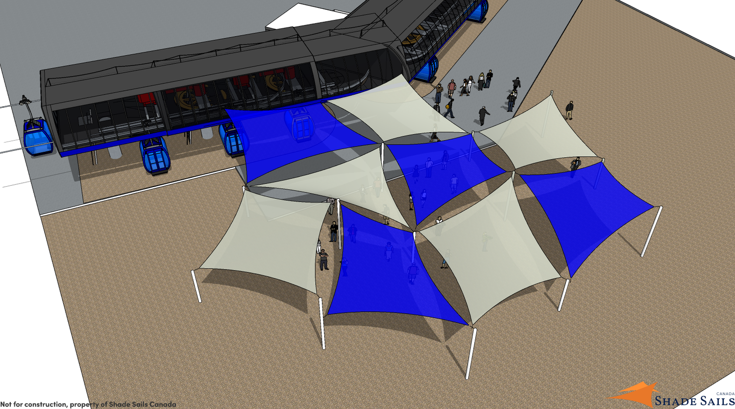 outline showing an aerial view of multiple shade sails representing modern commercial shade