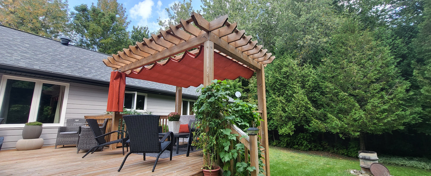 image of a garden shade structure on a deck in a backyard filled with greenery.