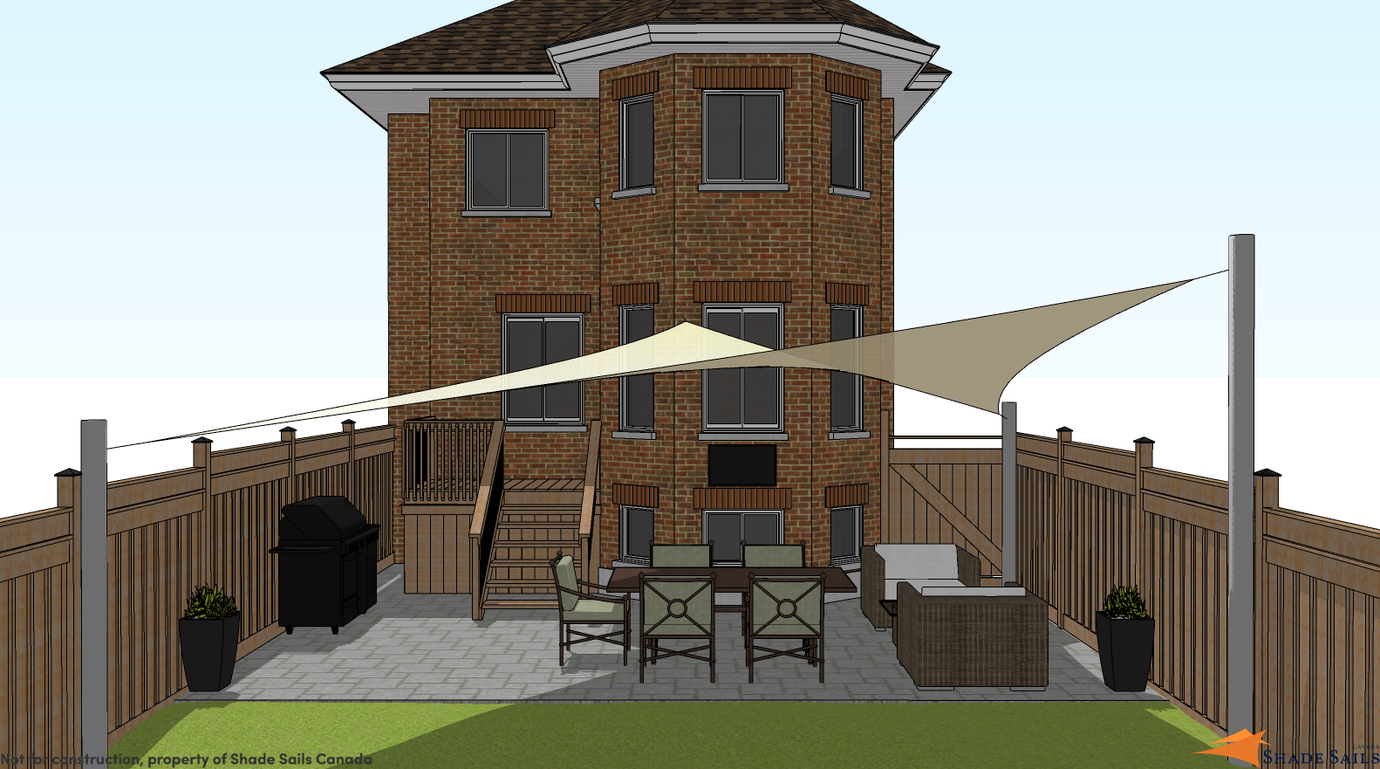 A backyard setup featuring beige shade sails extending over a patio area, illustrating the innovative use of tensile architecture for functional and aesthetic outdoor coverage.