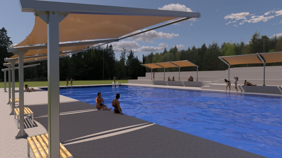 Public outdoor pool lined with benches and modern cantilevered energy efficient awnings providing shade along the pool deck.
