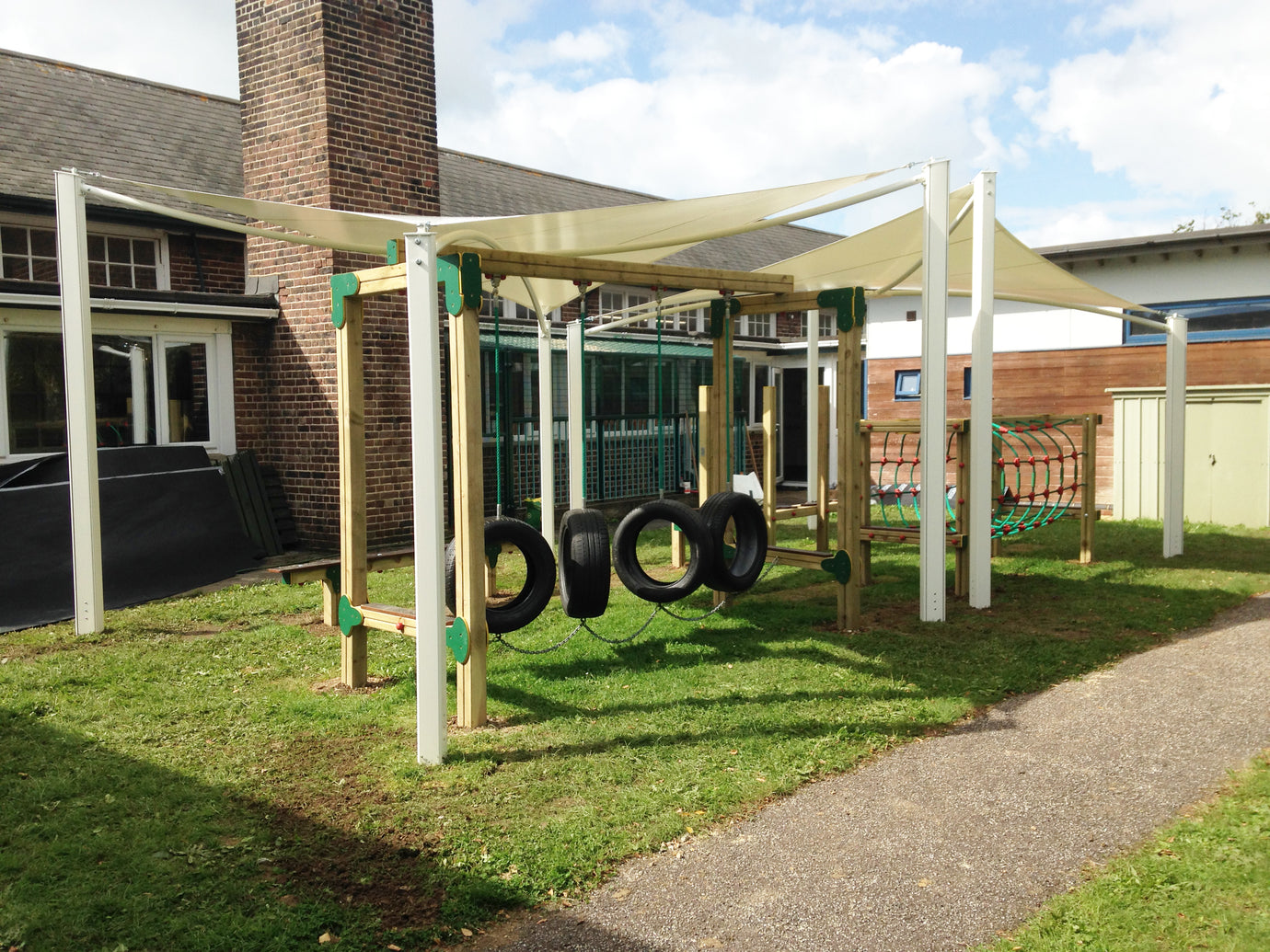 image of a backyard with tire swings representing how to measure for shade sails.