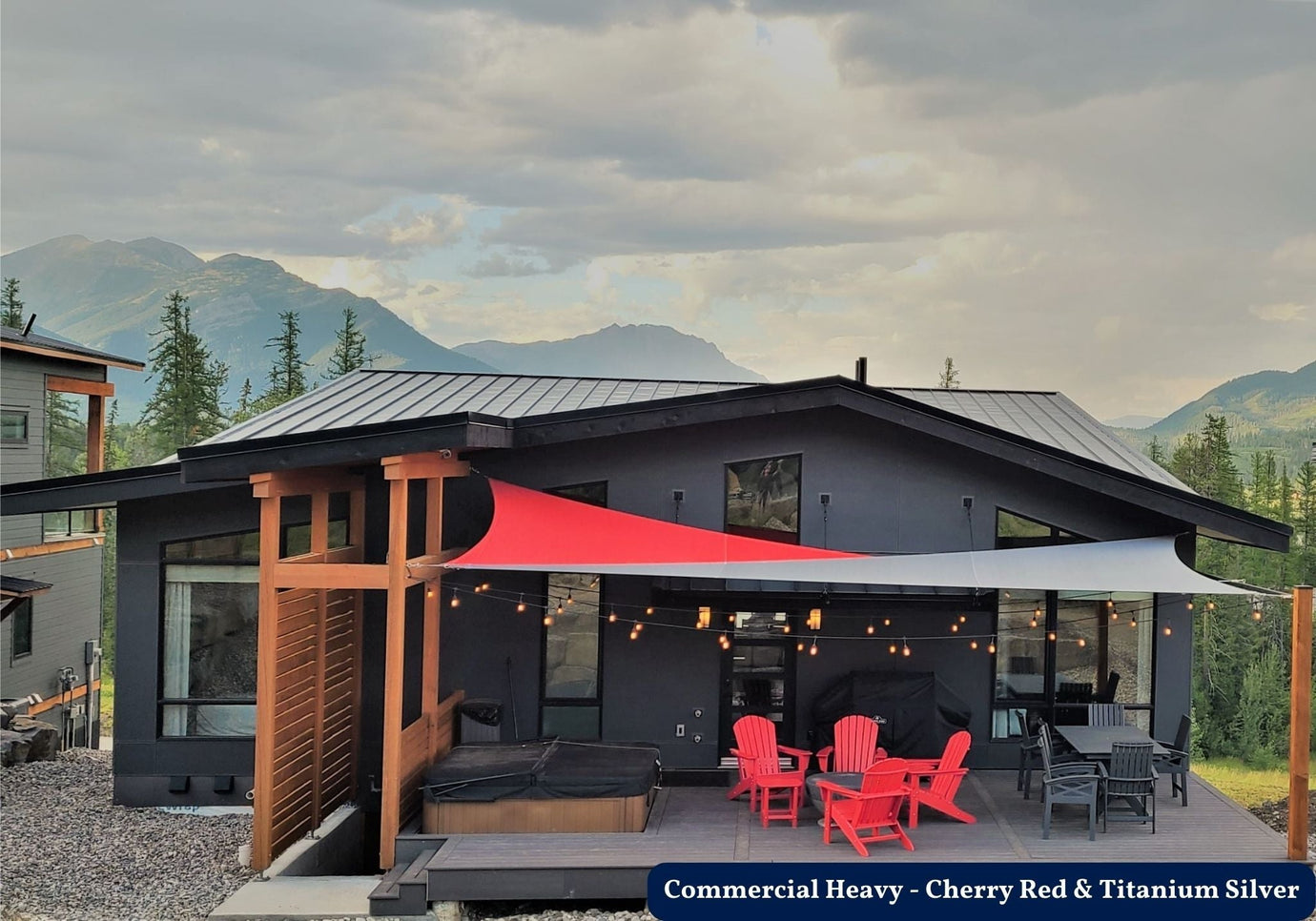 Outdoor Sun Shades installed over a modern backyard patio, creating shade for outdoor seating and relaxing under the mountains.