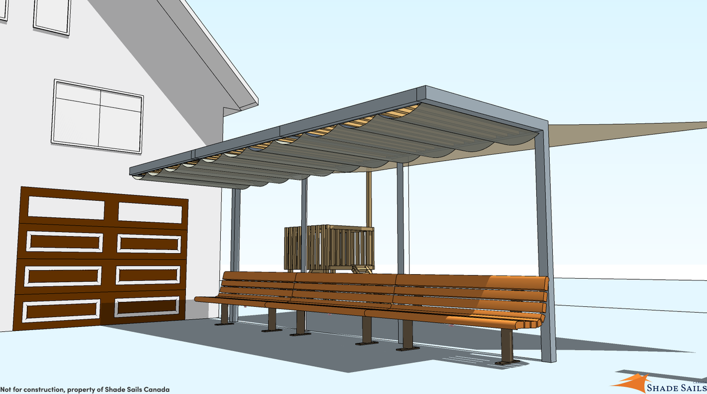 3D rendering of a Commercial Shade Sail installation beside a modern home, featuring a metal-framed patio cover with wooden benches and UV-protective shade fabric.