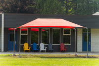 A large red canopy tent with metal support poles